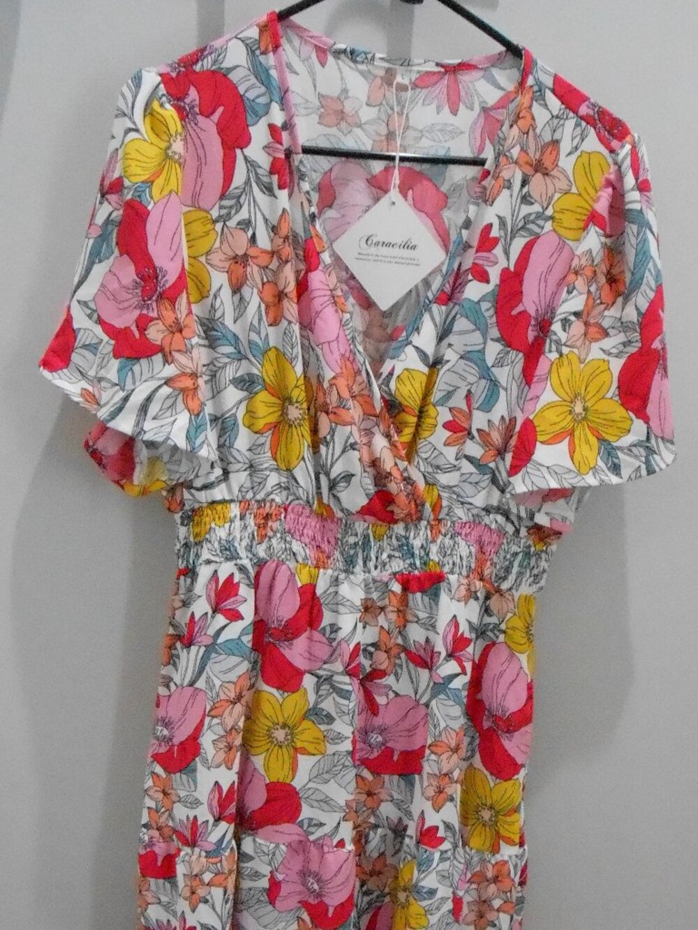 Caracilia Women's V Neck Short Sleeve Yellow & Pink Floral Flowy Maxi Dress-Lg